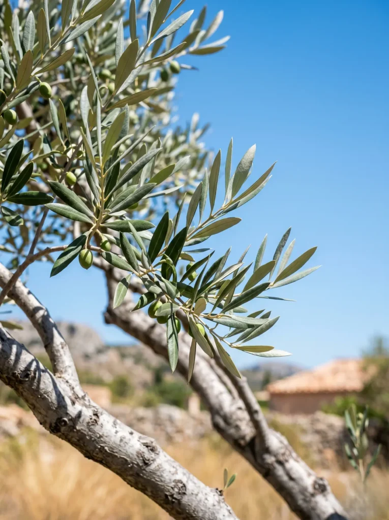Hojas plateadas de un árbol de olivo brillando bajo el sol de mediodía, un estándar profesional en la xerojardinería del sur.