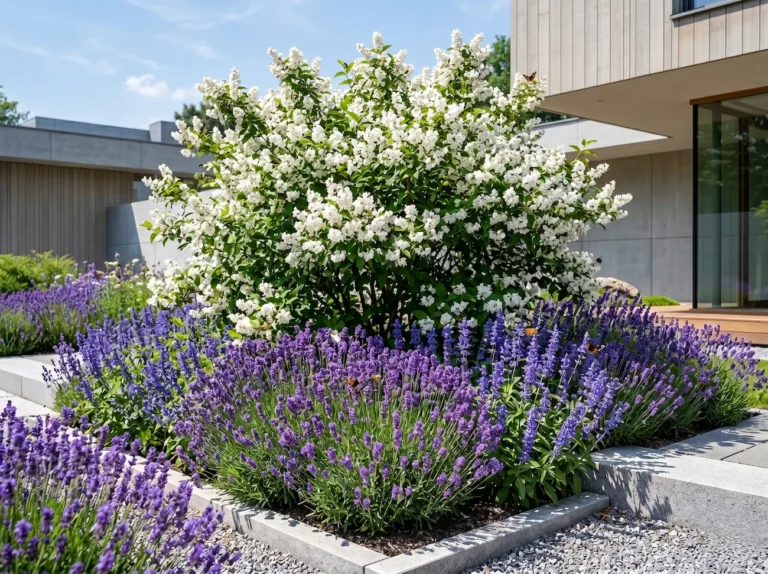 deutzia en plena floración con macizo de lavandas a la entrada de chalet