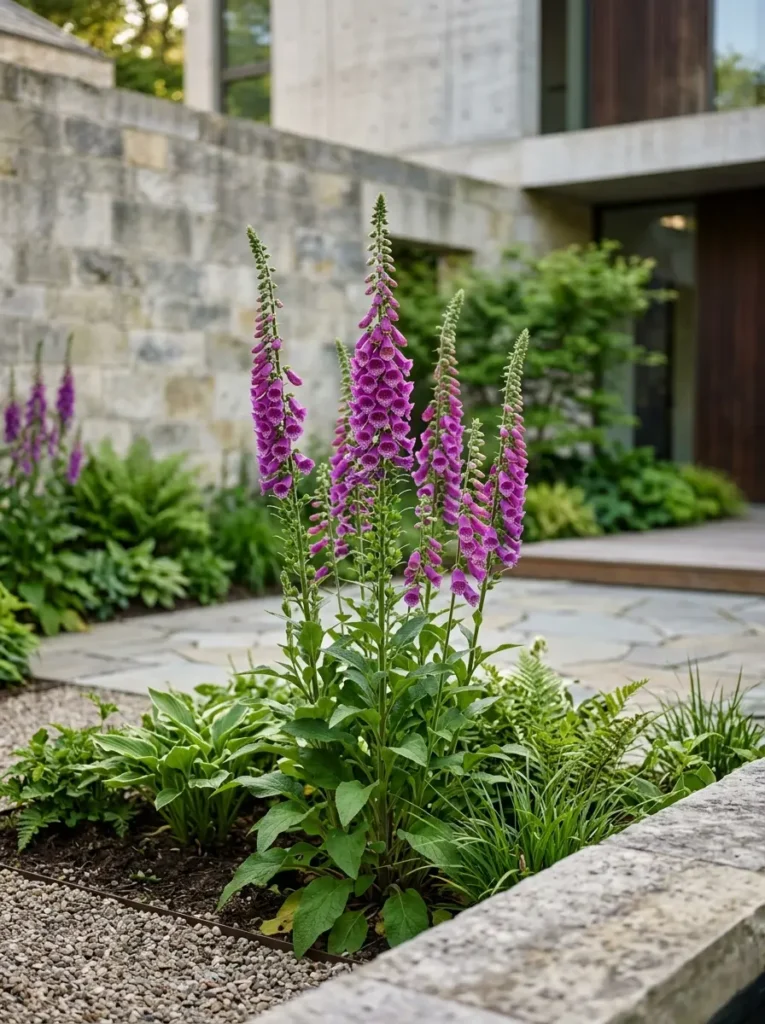 Inflorescencias verticales de dedalera proyectando sombras sobre un muro de piedra natural en un patio residencial de diseño cuidado.