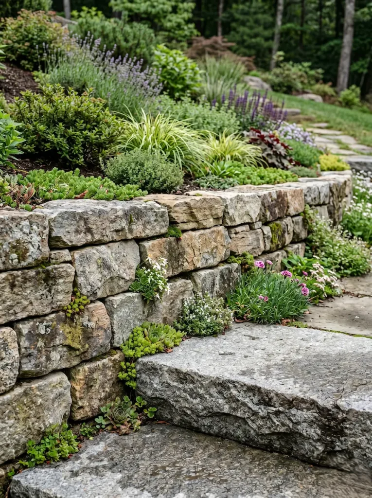 Muro de contención de piedra escuadrada refinada junto a unas escaleras modernas con textura natural, aportando un estándar profesional a la topografía.