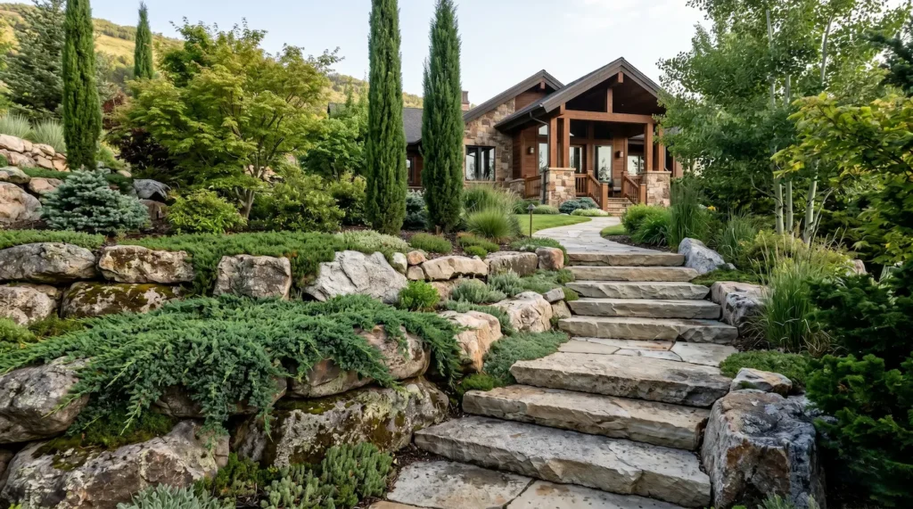 Diseño de un jardín con desnivel resuelto con rocas y escaleras de piedra natural refinada, mostrando una integración paisajística frente a una casa de sierra con madera.