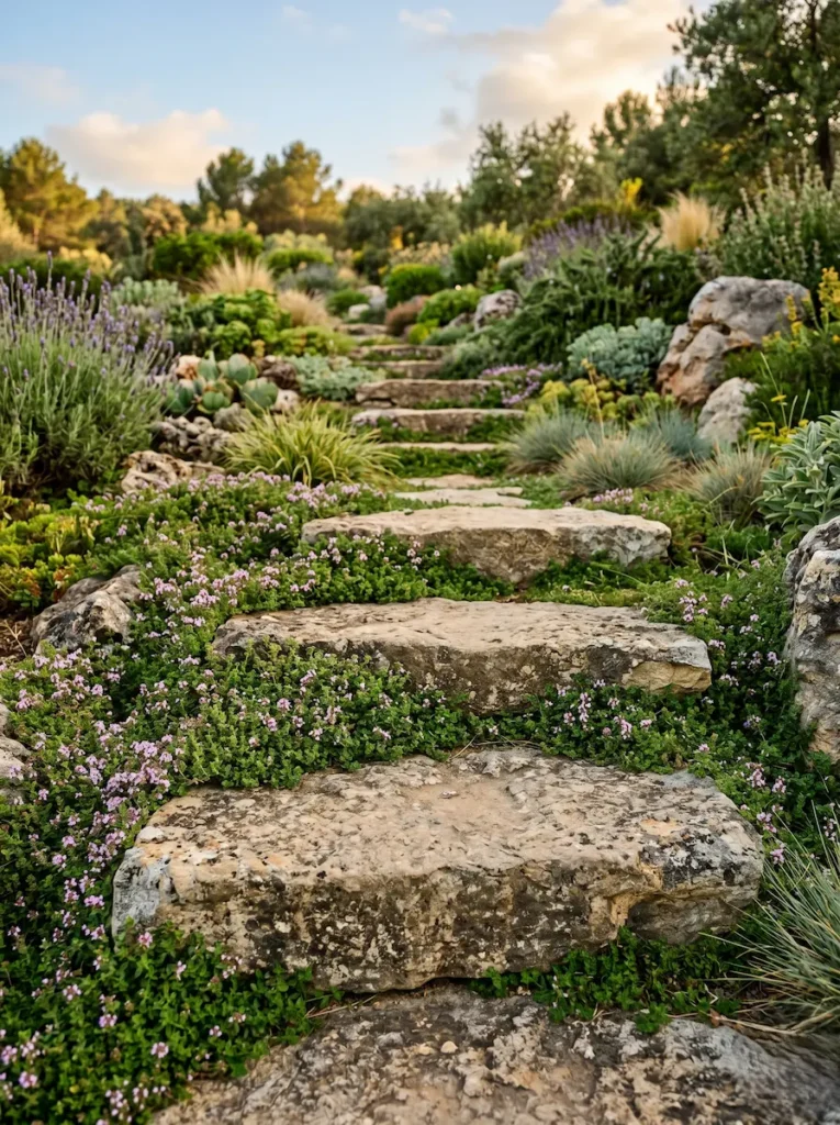Plantas tapizantes desbordando sobre escaleras de piedra natural con textura y pátina, logrando una transición orgánica de máxima excelencia.