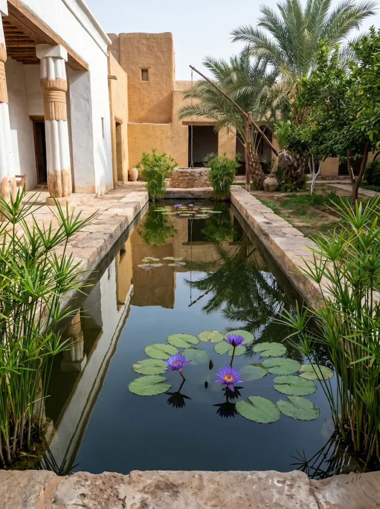 Fotografía arquitectónica de un estanque rectangular egipcio donde el papiro (Cyperus papyrus) y el loto azul (Nymphaea caerulea) articulan el agua junto a un cigoñal de madera tradicional, evidenciando una calidad espacial y un rigor botánico excepcionales.