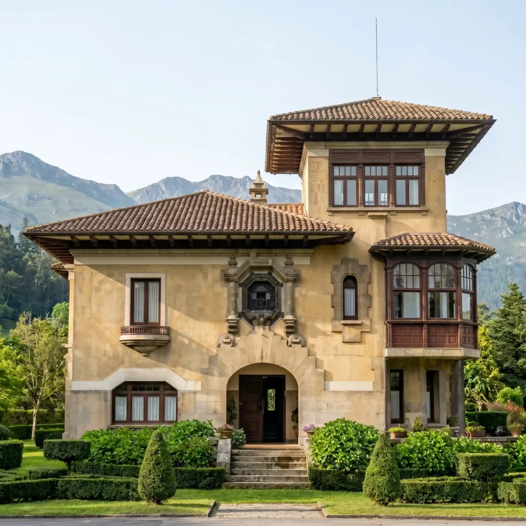 Fachada de piedra de una tradicional casona en Asturias, mostrando la belleza de los jardines indianos con una integración paisajística envuelta en vegetación madura.