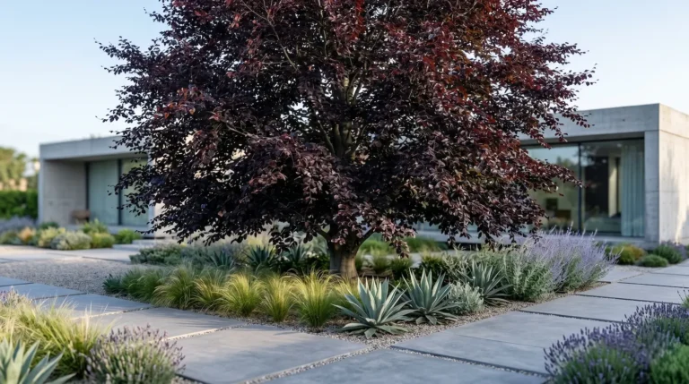 Plano medio panorámico de un jardín contemporáneo amplio donde la volumetría majestuosa y el espeso follaje púrpura de un Fagus sylvatica 'Atropunicea' equilibran la escala de una fachada de hormigón desenfocada.