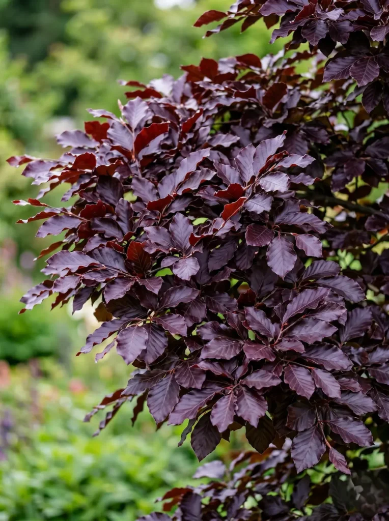 Detalle botánico en plano medio de las hojas elípticas, onduladas y de un intenso color burdeos de un Fagus sylvatica 'Atropunicea' vivo, sin ramas peladas a la vista, con un fondo de jardín difuminado.