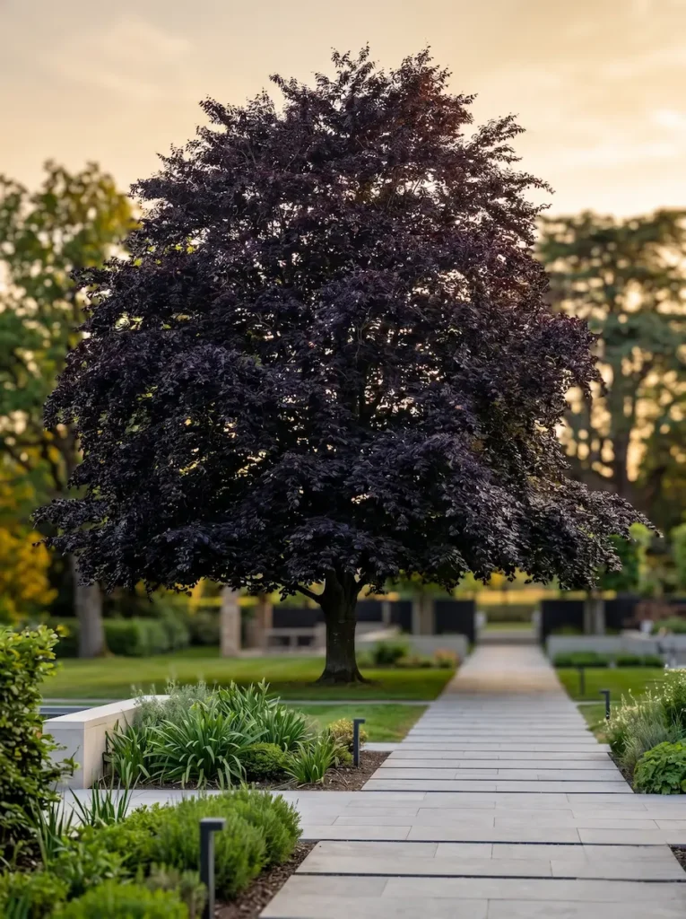 Plano medio del porte orgánico y la copa extendida de un Fagus sylvatica 'Atropunicea', mostrando una densidad foliar absoluta sin podas topiaras rígidas, perfectamente proporcionado sobre un césped claro desenfocado.