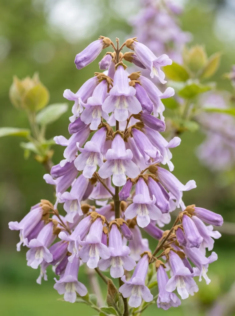 Detalle de la flor violeta del Árbol Kiri (Paulownia tomentosa), un estándar profesional de vigor botánico.