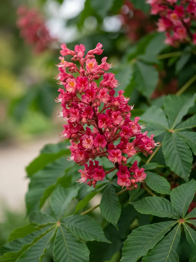 Detalle de la inflorescencia piramidal roja del Aesculus x carnea 'Briotii', un estándar profesional de vigor botánico.