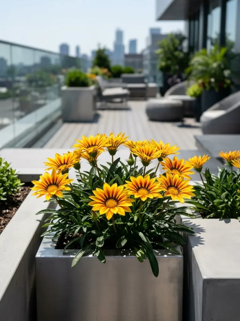 Parterre geométrico con gazanias abiertas al sol en una terraza urbana, demostrando un estándar profesional en su implantación.