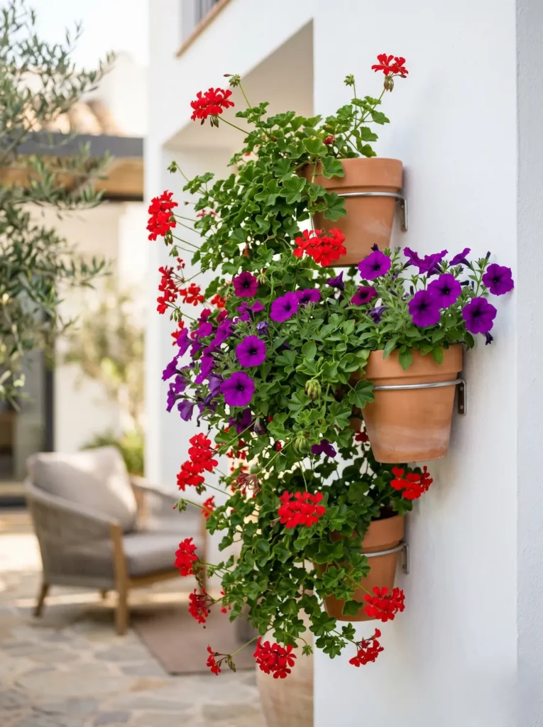 Detalle de gitanillas rojas y petunias colgando de macetas de terracota en una pared blanca y limpia de diseño contemporáneo.