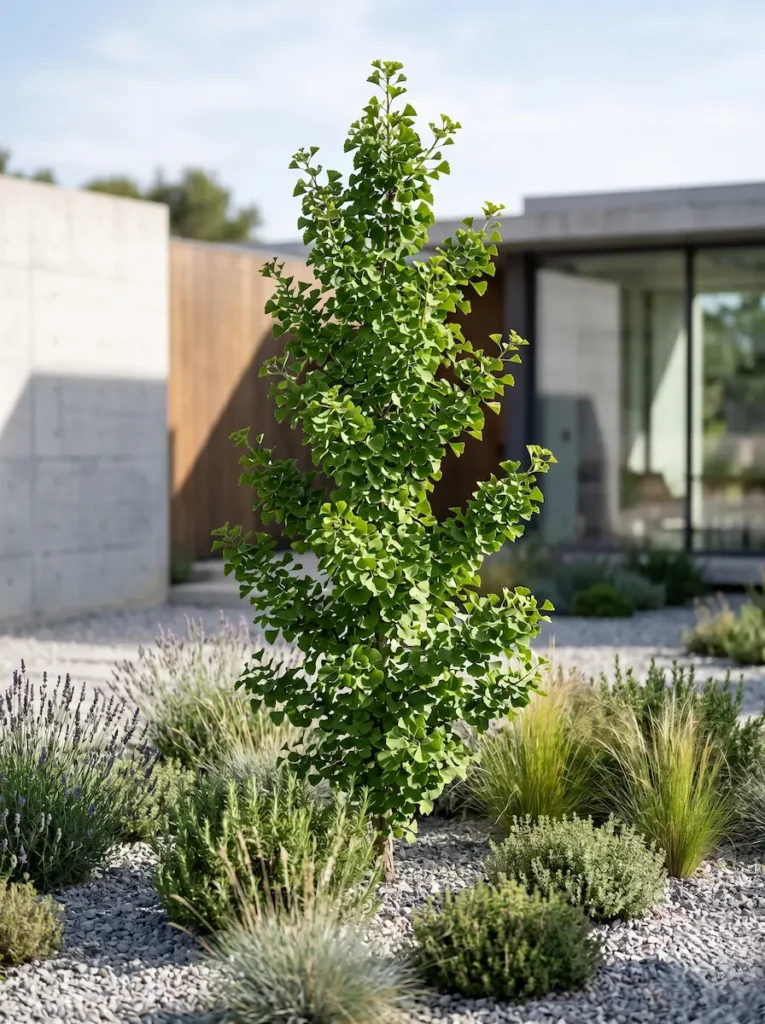 ginkgo blagon en jardín con edificación moderna