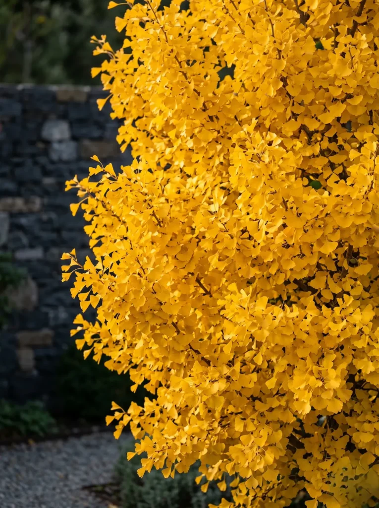 detalle de hojas de ginkgo gold flame y dorado más vibrante que sus congéneres