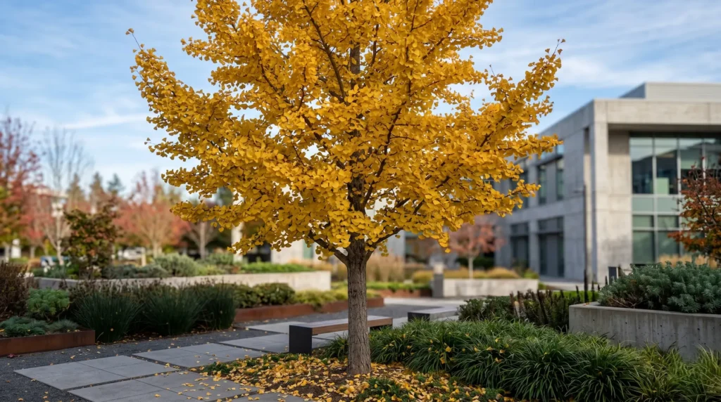 Plano panorámico de un jardín contemporáneo donde un Ginkgo biloba de escala realista y proporcionada muestra su denso follaje otoñal amarillo, destacando frente a una obra civil de hormigón desenfocada.