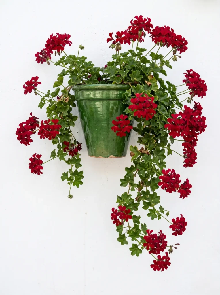 Gitanillas (Pelargonium peltatum) decorando un paramento vertical, aportando un diseño cuidado y color al patio.