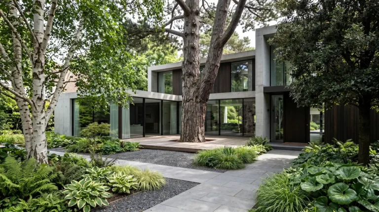 Integración paisajística de un pino centenario Pinus nigra como guardián del tiempo junto a una vivienda moderna con abedul Betula pendula y encina Quercus ilex en el diseño de exteriores