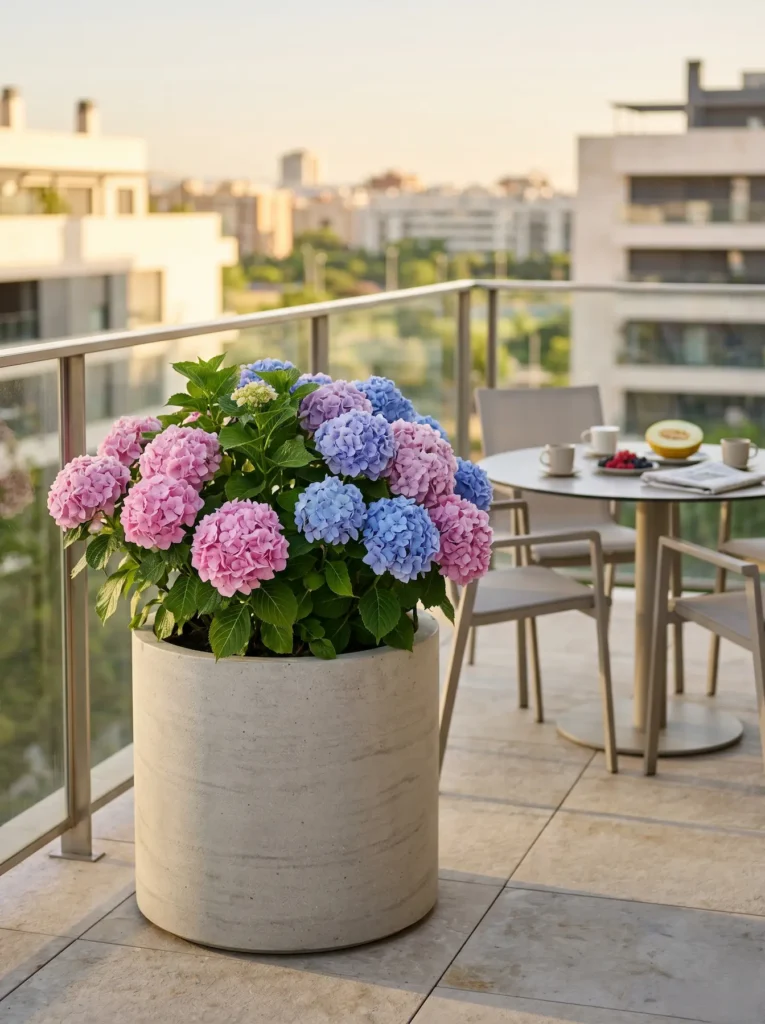 Hortensias florecidas recibiendo la suave luz de la mañana en un balcón urbano de diseño cuidado.