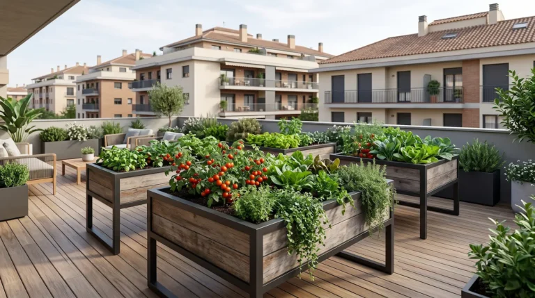 Perspectiva de una terraza contemporánea en España con mesas de cultivo de diseño moderno, albergando tomates, lechugas y aromáticas bajo la luz natural.