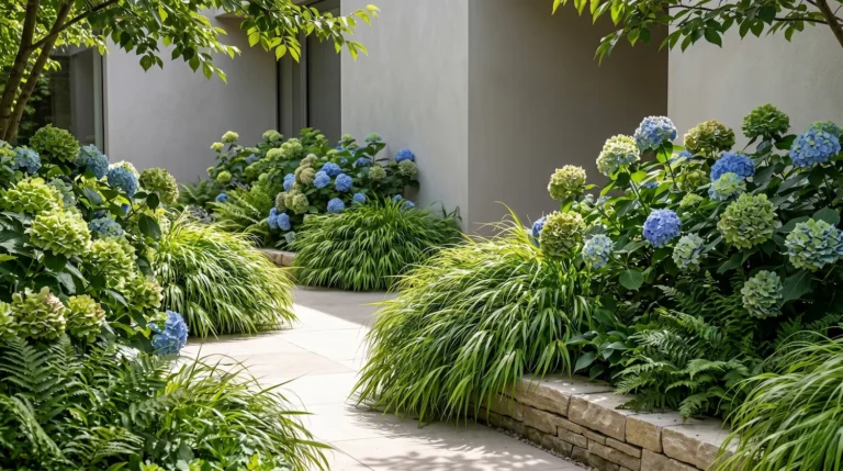 Perspectiva de un jardín umbrío contemporáneo donde macizos de hortensias Magical Revolution en tonos verdes y azules contrastan con muros lisos enfoscados y pavimentos de caliza
