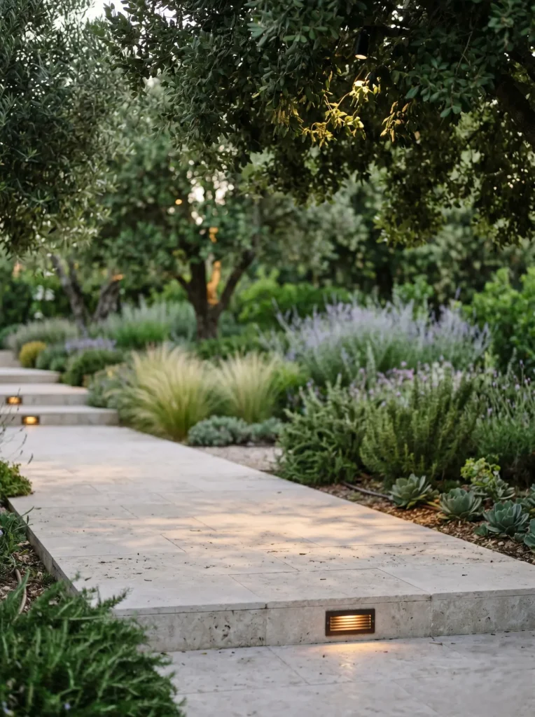 Plano medio de un sendero pavimentado donde la luz se filtra desde el dosel arbóreo (moonlighting), creando sombras orgánicas que respetan la biodiversidad nocturna.