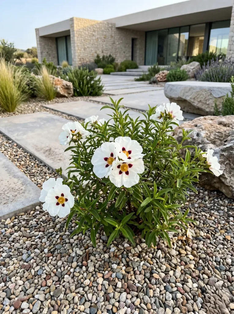 Espectacular flor de la Jara pringosa con su mancha carmesí, un diseño cuidado para el jardín seco.