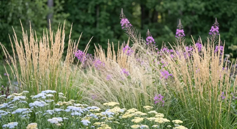 Paisaje de textura fina orquestado con brumas lumínicas de calamagrostis Calamagrostis x acutiflora y toques rosados de adelfilla Epilobium angustifolium destacando sobre una masa forestal oscura