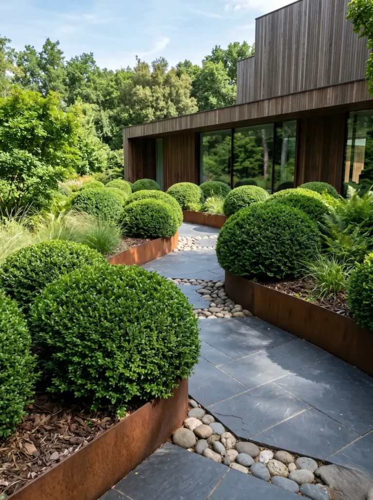 jardín moderno con masas de boj en forma de bola y gramíneas