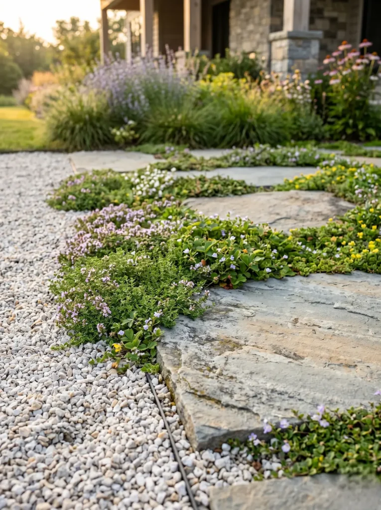 Contraste entre la grava y las plantas tapizantes, logrando un nexo vegetal de absoluta excelencia.