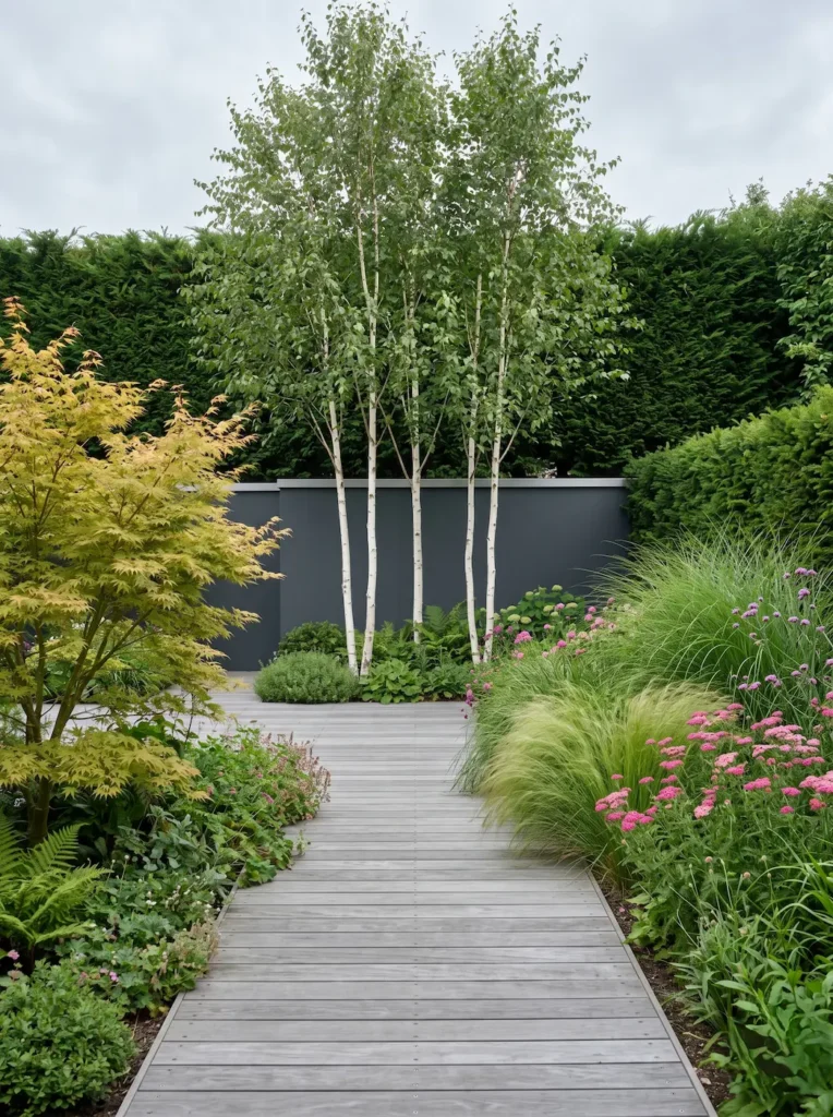 jardin de contrastes 1 jardinesconestiloblog undamenta en la verticalidad del abedul común Betula pendula cuya corteza alba actúa como un reflector natural de la luz difusa