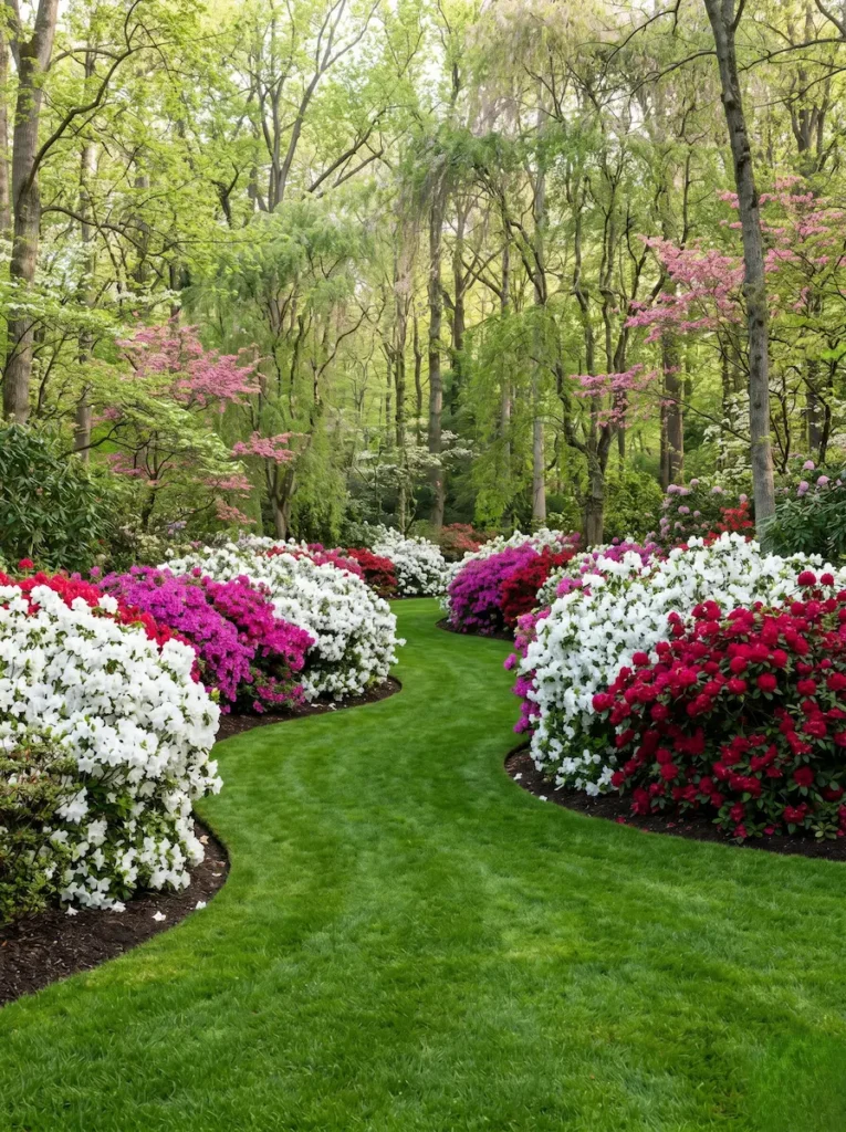jardín de contrastes 2 jardinesconestiloblog paisaje naturalista se confía por entero a la fuerza del género Rhododendron reuniendo variedades de azaleas y rododendros que florecen de manera simultánea