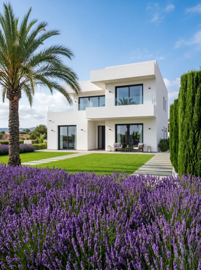 jardín de contrastes 4 jardinesconestiloblog jardín mediterráneo con césped chalet blanco palmera phoenix y manto de flores de lavanda