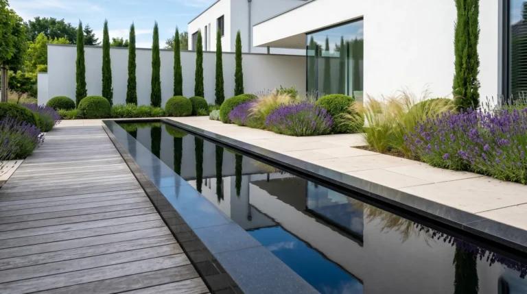 patio jardin mediterraneo moderno tarima madera cipreses junto a muro fondo blanco y aromáticas y gramíneas junto a la casa