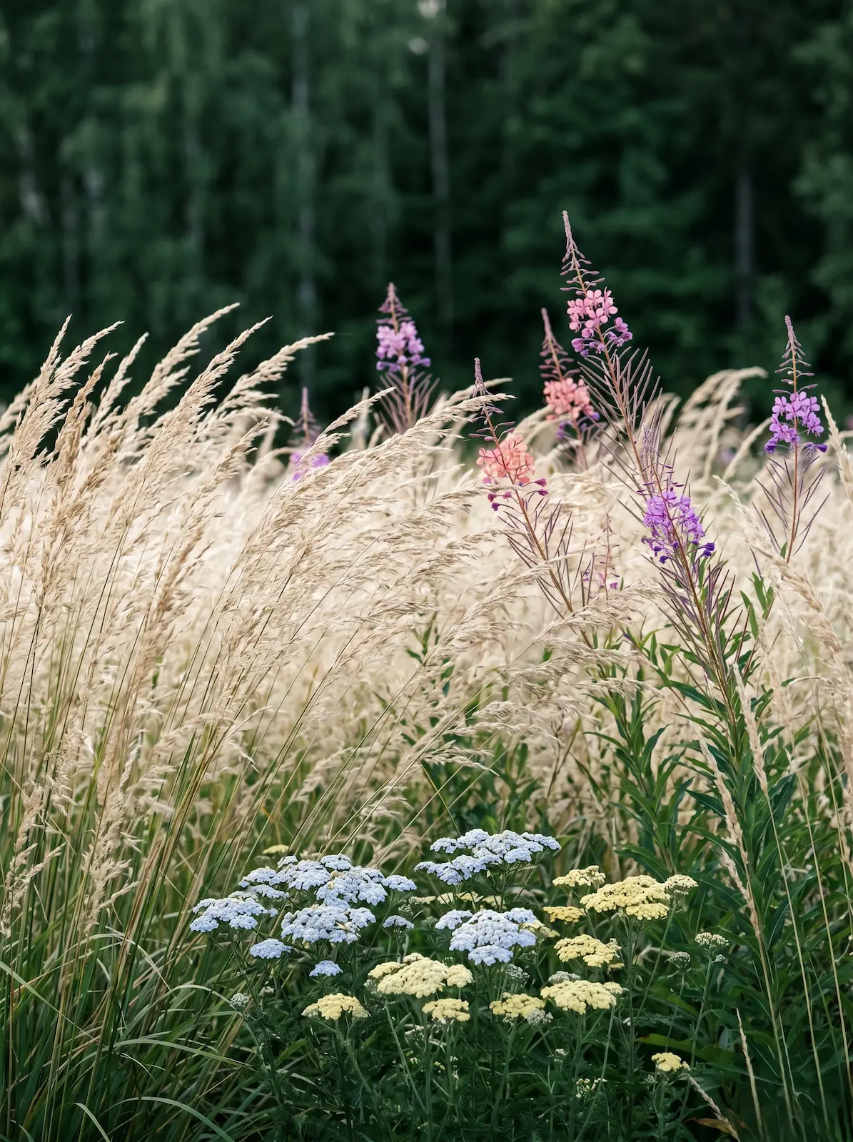 Primer plano fotográfico de la transparencia estructural de la gramínea calamagrostis Calamagrostis x acutiflora capturando la luz natural difusa en un diseño exterior contemporáneo