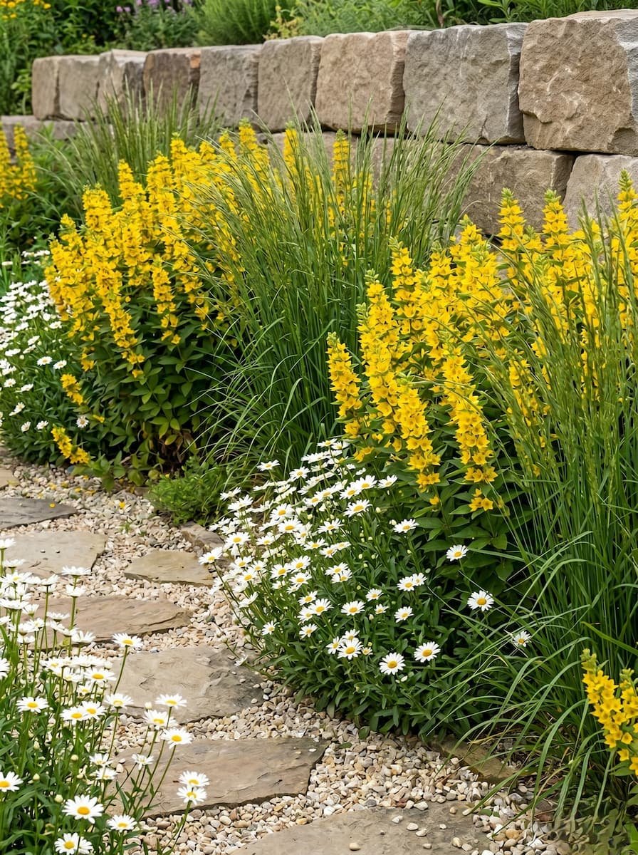 Detalle del encuentro botánico entre la floración amarilla intensa de la lisimaquia Lysimachia punctata y la limpieza geométrica del pavimento de piedra natural