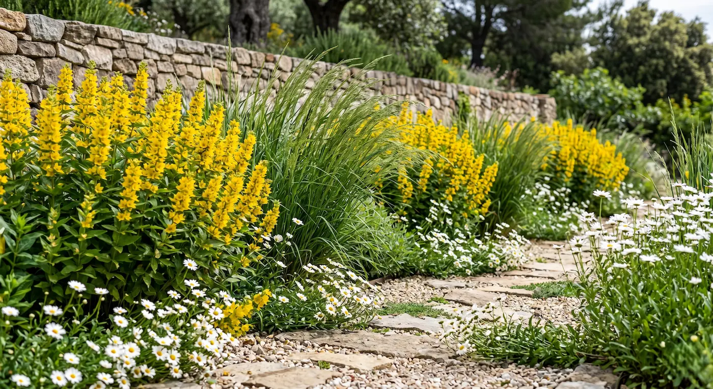 Diseño exterior de transición donde una frontera vegetal fluida de lisimaquia Lysimachia punctata y margarita silvestre Leucanthemum vulgare avanza sobre un sendero irregular de losas y mampostería