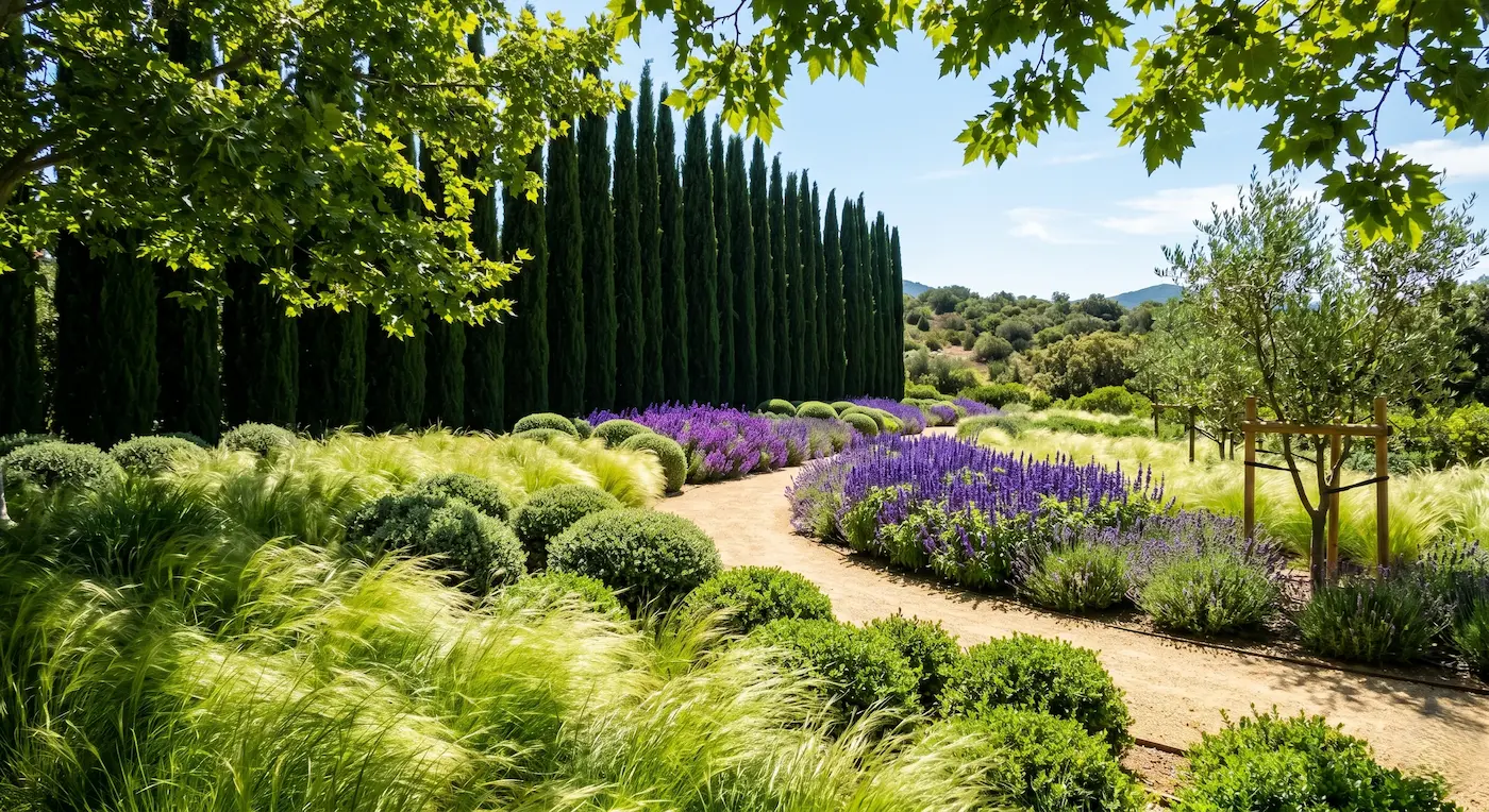 Amplia perspectiva de jardín mediterráneo con derivas cinéticas de esparto fino Stipa tenuissima y salvia estival Salvia nemorosa frente a una estricta alineación arquitectónica de ciprés común Cupressus sempervirens