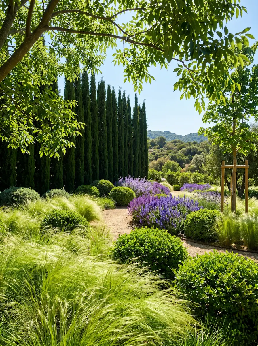 Detalle arquitectónico del contraste morfológico entre los volúmenes podados de lentisco Pistacia lentiscus y la textura fluida del esparto fino Stipa tenuissima bajo luz natural intensa