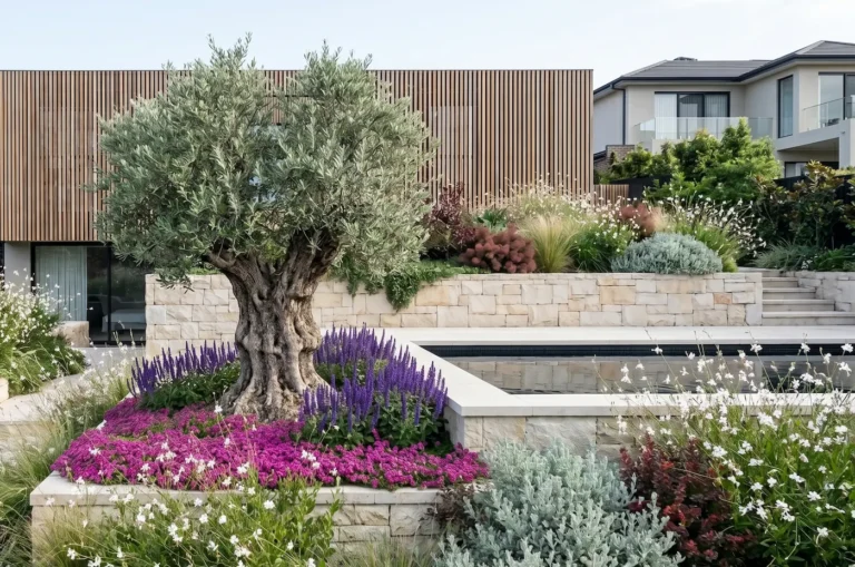 jardín naturalista en jardín con edificación moderna