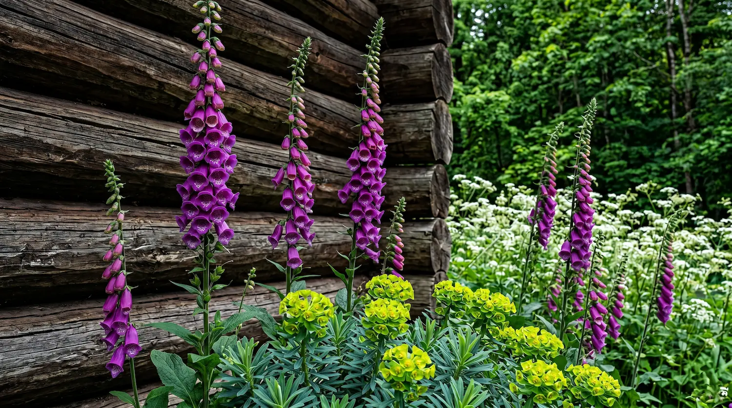 Transición paisajística fluida con masas de dedalera Digitalis purpurea y euforbia Euphorbia characias estructurando el límite visual frente a un muro de contención en madera rústica y piedra