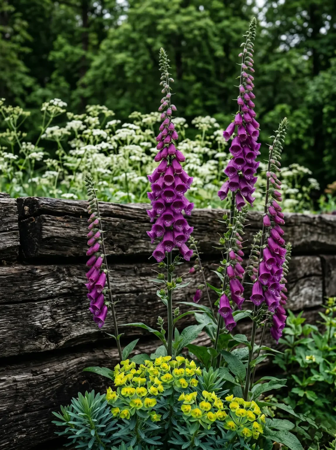 Primer plano de la tensión vertical generada por espigas florales de dedalera Digitalis purpurea contrastando con la horizontalidad inerte de un cerramiento de madera envejecida