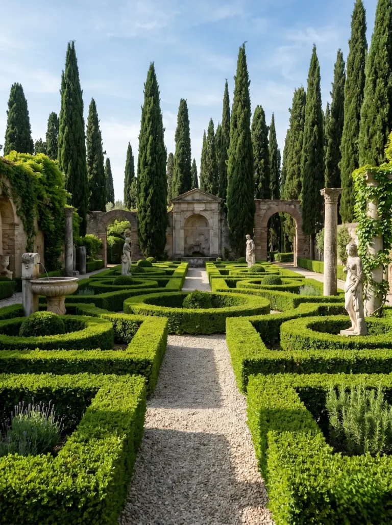 Paseo ajardinado que exhibe la técnica del ars topiaria, mostrando setos geométricos de boj (Buxus sempervirens) de gran fortaleza que actúan como auténticos volúmenes arquitectónicos.