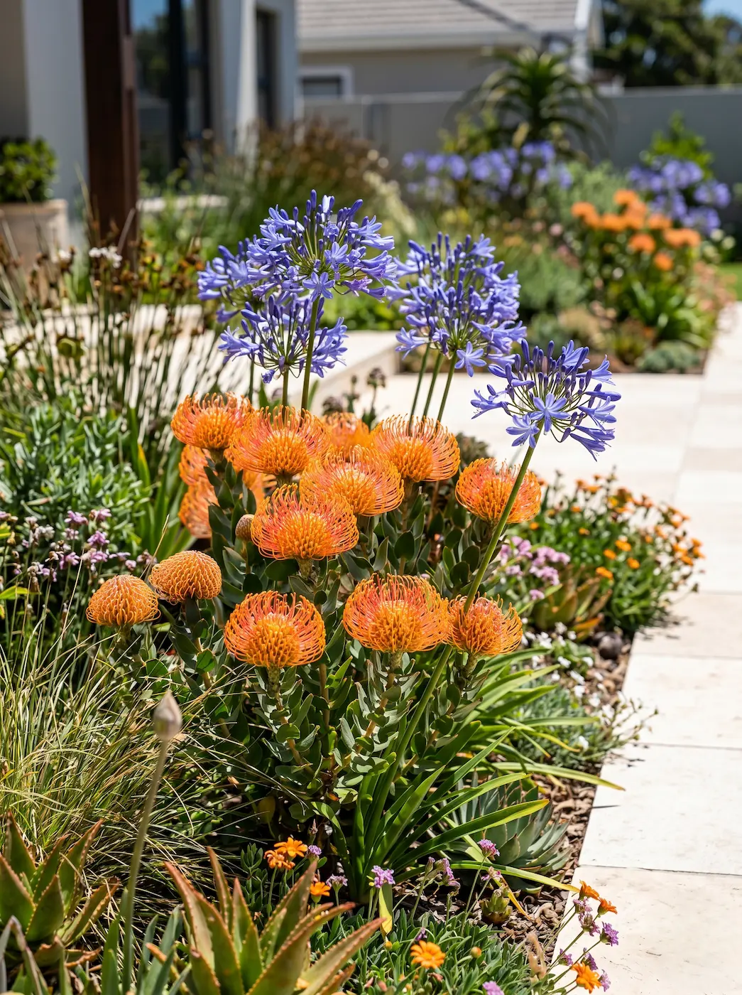 Detalle botánico entrelazado de alfiletero naranja y agapanto azul junto a un pavimento de piedra natural