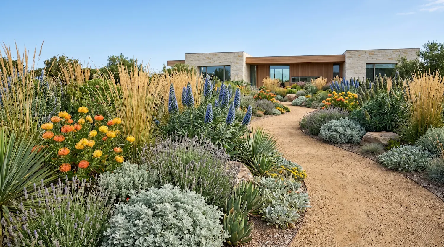 Matriz botánica global de gramíneas leucospermum y echium en un jardín de verano seco frente a una villa contemporánea