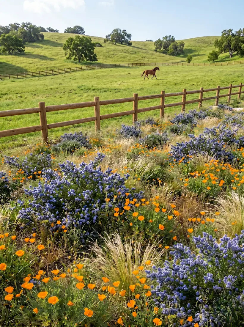 Terraza de piedra caliza delimitando un prado silvestre de ceanothus azul y amapola de California manteniendo la arquitectura residencial limpia