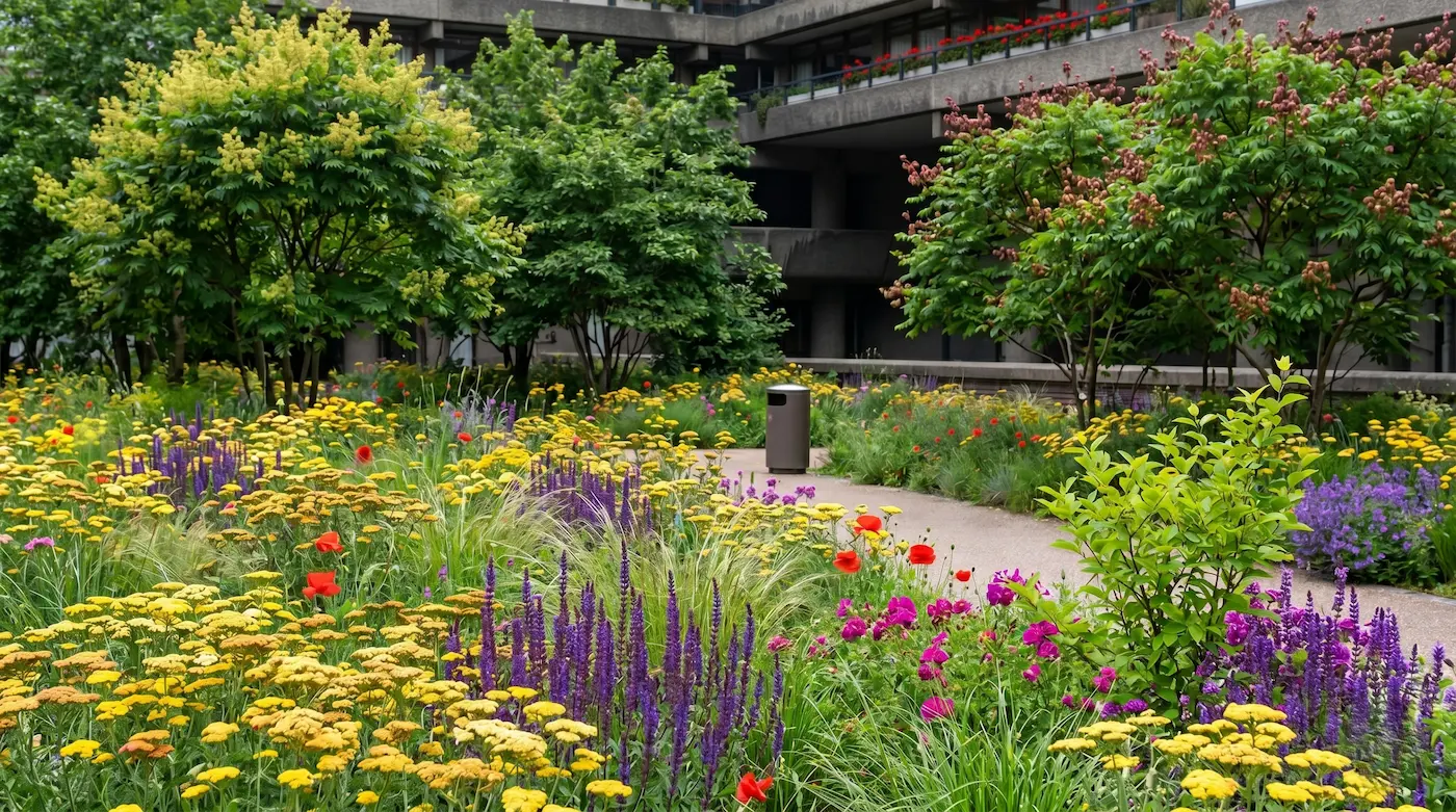 Composición urbana naturalista donde el estrato herbáceo de milenrama Achillea millefolium dialoga con las estructuras de hormigón brutalista y el dosel arbóreo del jabonero de la China Koelreuteria paniculata
