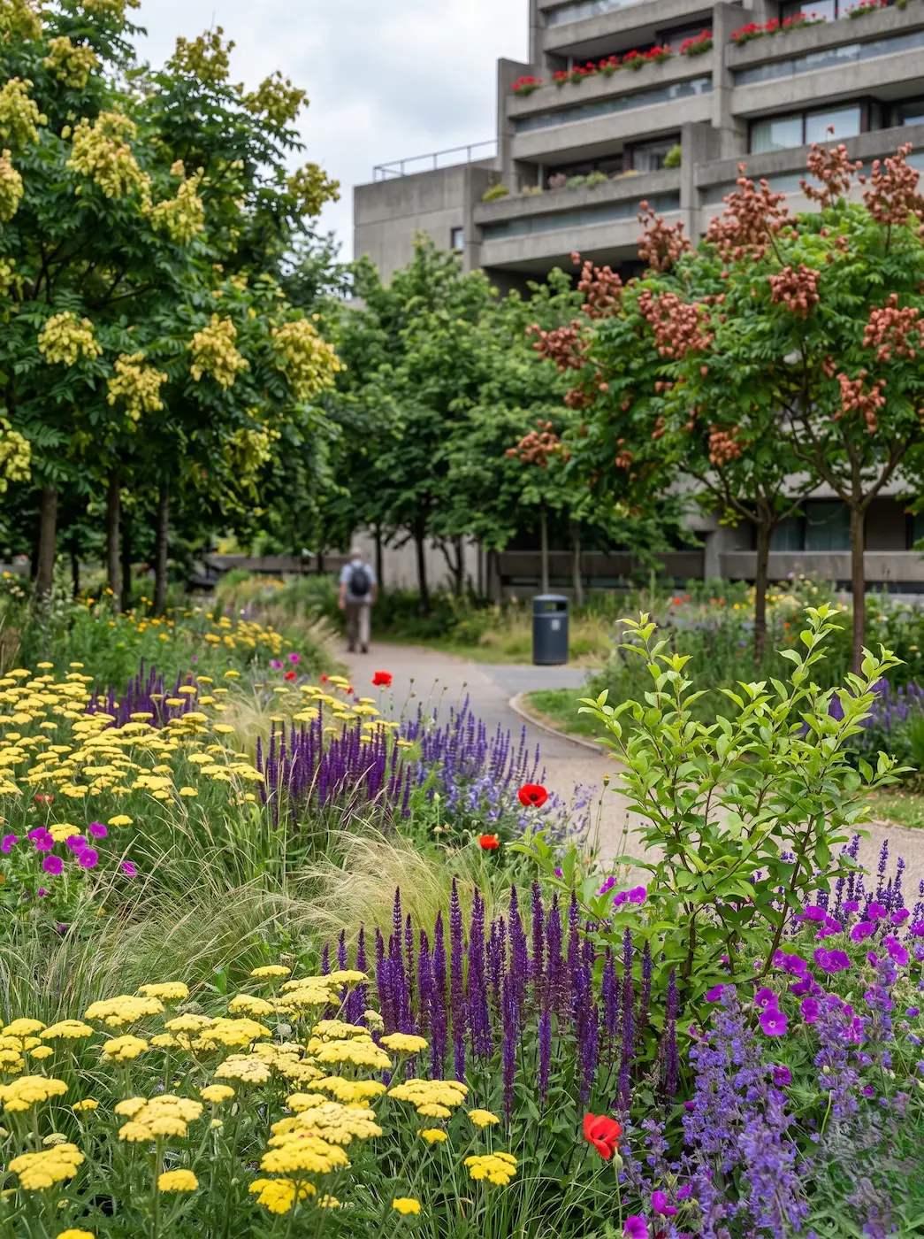 Primer plano botánico del contraste cromático entre la inflorescencia amarilla de milenrama Achillea millefolium y las espigas púrpuras de salvia estival Salvia nemorosa junto a un sendero urbano