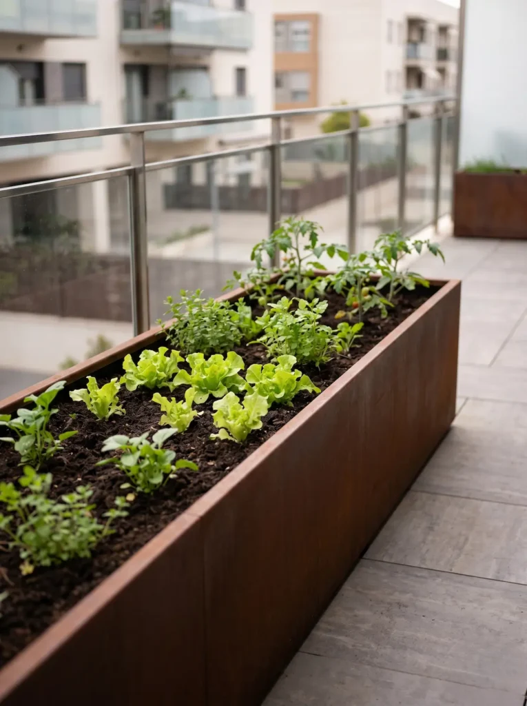 Primer plano de una jardinera elevada de acero corten con un sustrato rico y oscuro, perfectamente integrada en un patio moderno pavimentado.