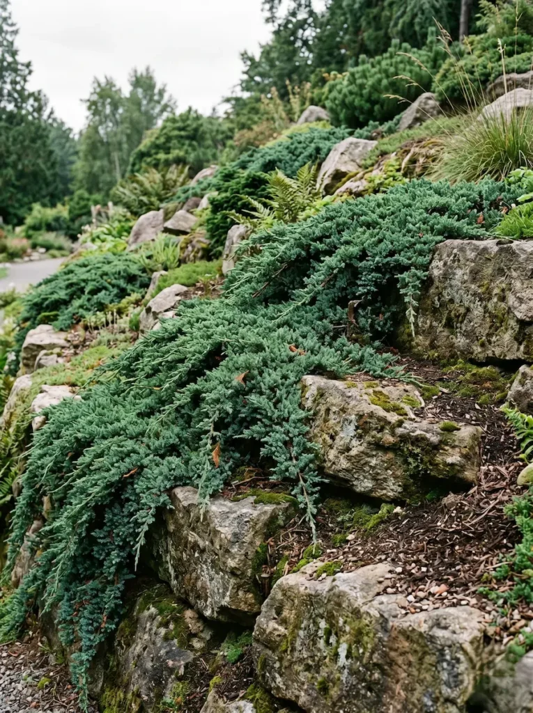 Conífera rastrera sujetando la tierra en un jardín con desnivel, aportando calidad y estructura al paisaje.