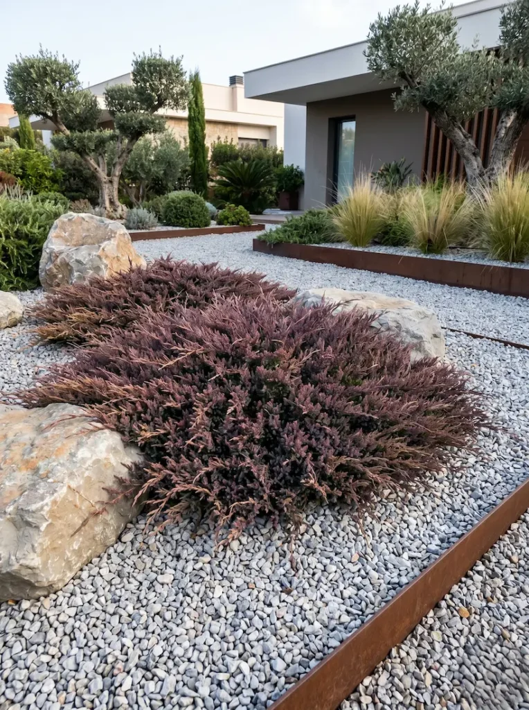 Ejemplar de Sabina rastrera (Juniperus horizontalis 'Andorra Compacta') en tonos cobrizos de invierno, aportando textura al jardín.