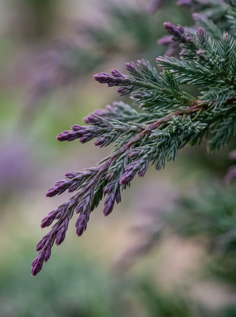 Detalle de las acículas púrpuras de la Sabina rastrera (Juniperus horizontalis 'Andorra Compacta').